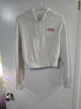 White Zip-Up Hooded Sweatshirt with Pink Script Logo